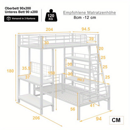 Hoogslaper – Loftbed – Stapelbed – Kinderbed – Eenpersoonsbed – Met Opbergrekken – 90x200 cm – Wit Metaal – Ruimtebesparend – Stevig