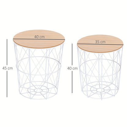 Bijzettafel – Bijzettafels – Sidetable – Nachtkastje – Salontafel – Set van 2 – Natuurlijk Wit – Metaal & MDF – Afmeting 40x45 cm