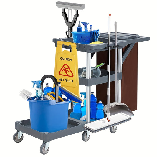 Commercial Heavy-Duty Janitorial Cleaning Cart with 3-Tier Shelves, 136.08 KG Capacity, Wheeled with Zippered Storage Compartment & Lid