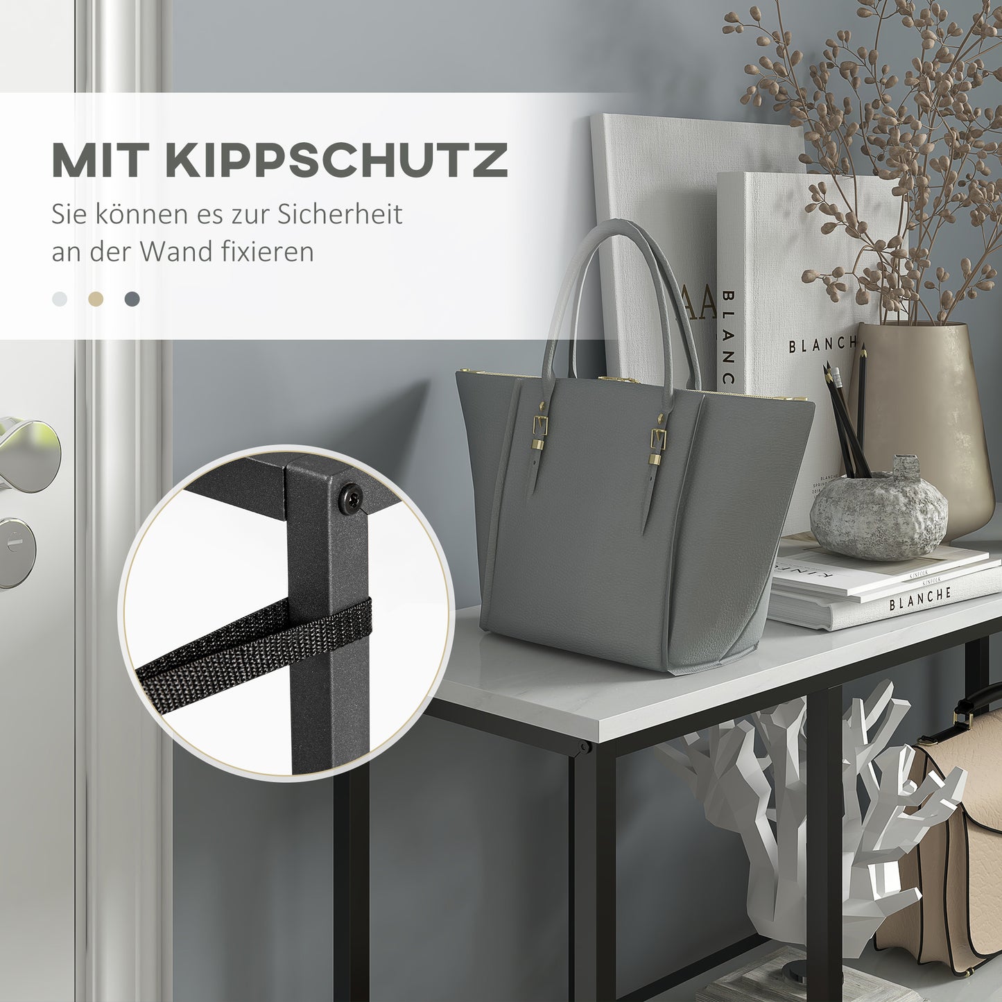 Sidetable – Sidetable Industrieel – Haltafel – ConsolTafel – Wandtafel – Zwart Wit Marmerlook – 2 Ruime Opbergniveaus – Stevig Zwart IJzeren Frame