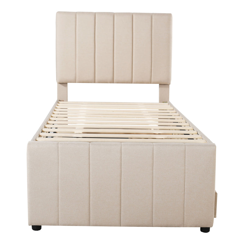 Hoogslaper – Kinderbed – Stapelbed – Zolderbed – Eenpersoonsbed – Linnen Bekleding Licht Beige – Uitschuifbaar Tweelingbed Met Opberglades – MDF En Metaal Frame