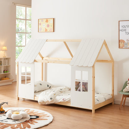 Kinderbed – Halfopen Huisbed – Huisvormig Bed – Kinderbed Frame – Bed Voor Kinderen – 90x200 cm Wood/Wit – Massief Dennenhout – Sfeervolle Decoratieve Ramen