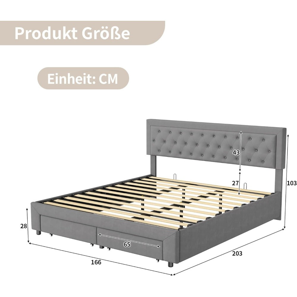 Tweepersoonsbed – Opbergbed – Ladebed – Bedkast – Slaapbank – Fluwelen Hoofdeinde – Gasdrukstang Lade – 160x200 cm Grijs