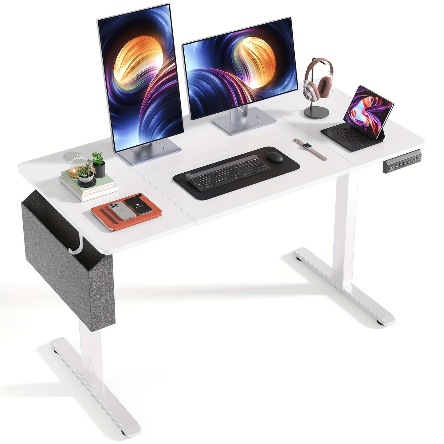Verstelbaar E-Sports Bureau – Gaming Bureau – Werkplek – Computer Bureau – Kantoorbureau – Wit – Houten Tafelblad – Metalen Frame – Opbergtas & Haken – Ergonomisch & Stabiel