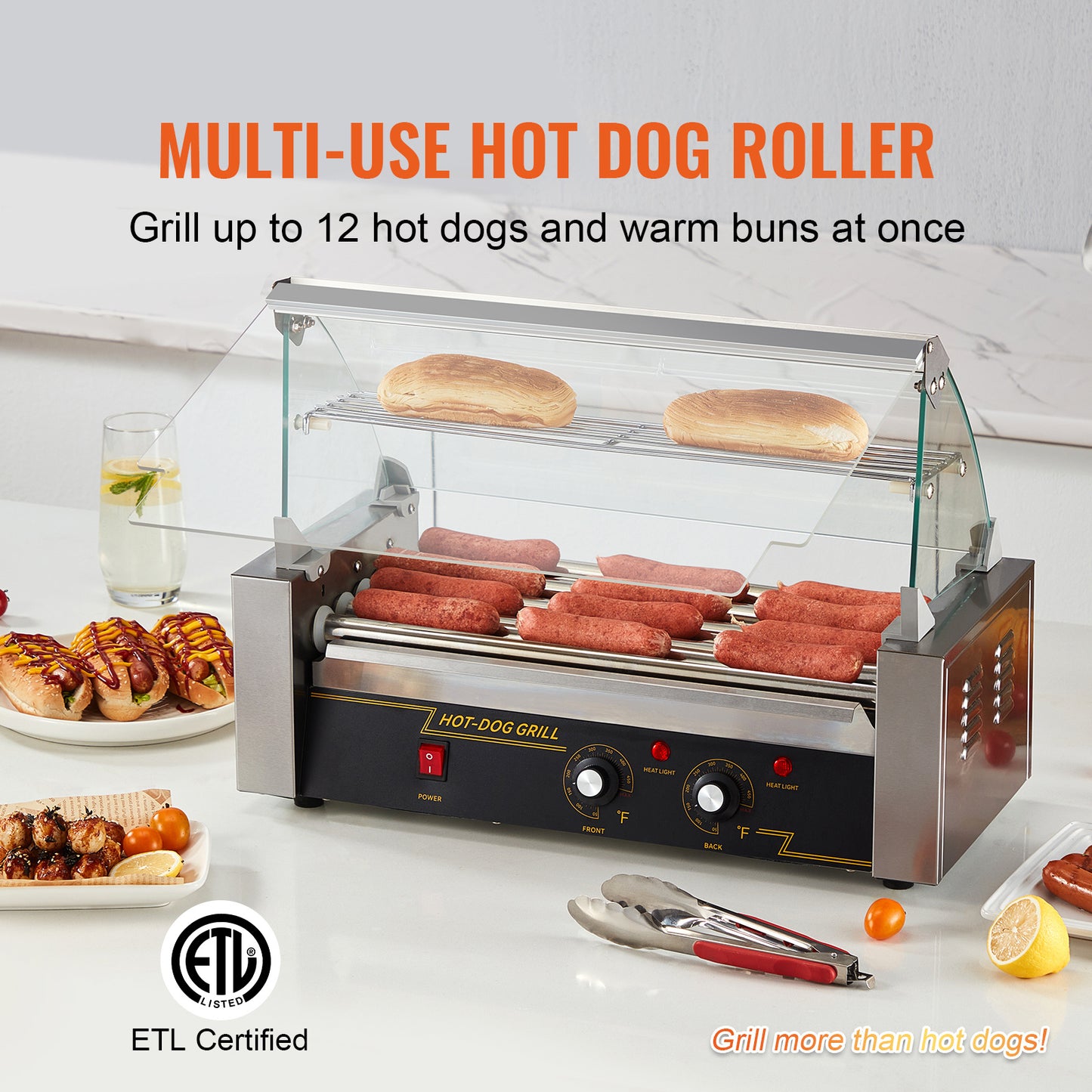 Hotdog Roller – Hotdog Grill – Worstjesbakker – Snackmaker – Hotdog Machine – 5 Non-stick Rollers – Instelbare Temperatuur 750W Roestvrij Staal