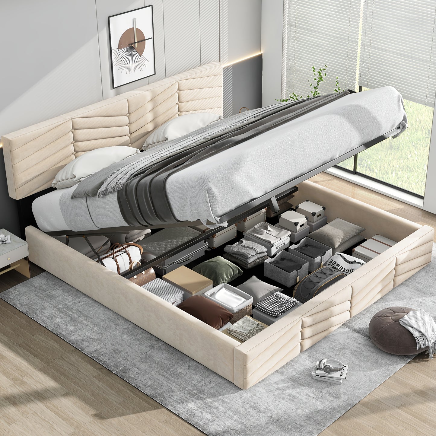 Tweepersoonsbed – Gestoffeerd Bed – Slaapbank – Ledikant – Bedframe – Verstelbaar Hoofdbord – 180x200 cm – Beige – Klassiek Design – Hoogwaardige Stoffering