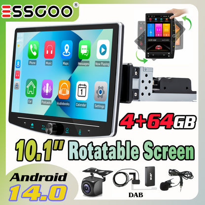 Autoradio – Car Stereo – Inbouwradio – Multimedia Speler – 1 DIN Radio – Android 14.0 – 10,1 Inch HD IPS Touchscreen – Draaibaar Display – 4GB+64GB – AHD Camera – Microfoon – DAB+ Adapter – GPS Navigatie – Wifi & Bluetooth