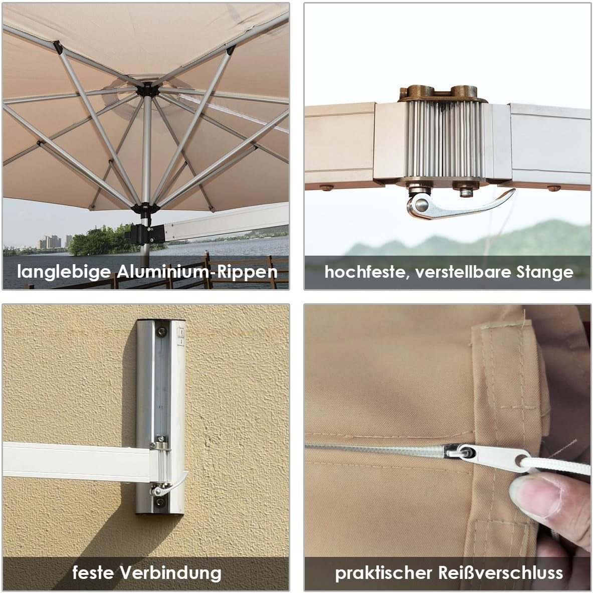 Zonnescherm Muurparasol – Balkonparasol – Muurgeïnstalleerde Parasol – Tuinparasol – Kantelbare Schermparasol – Ø 247 cm – Aluminium Frame – Beige