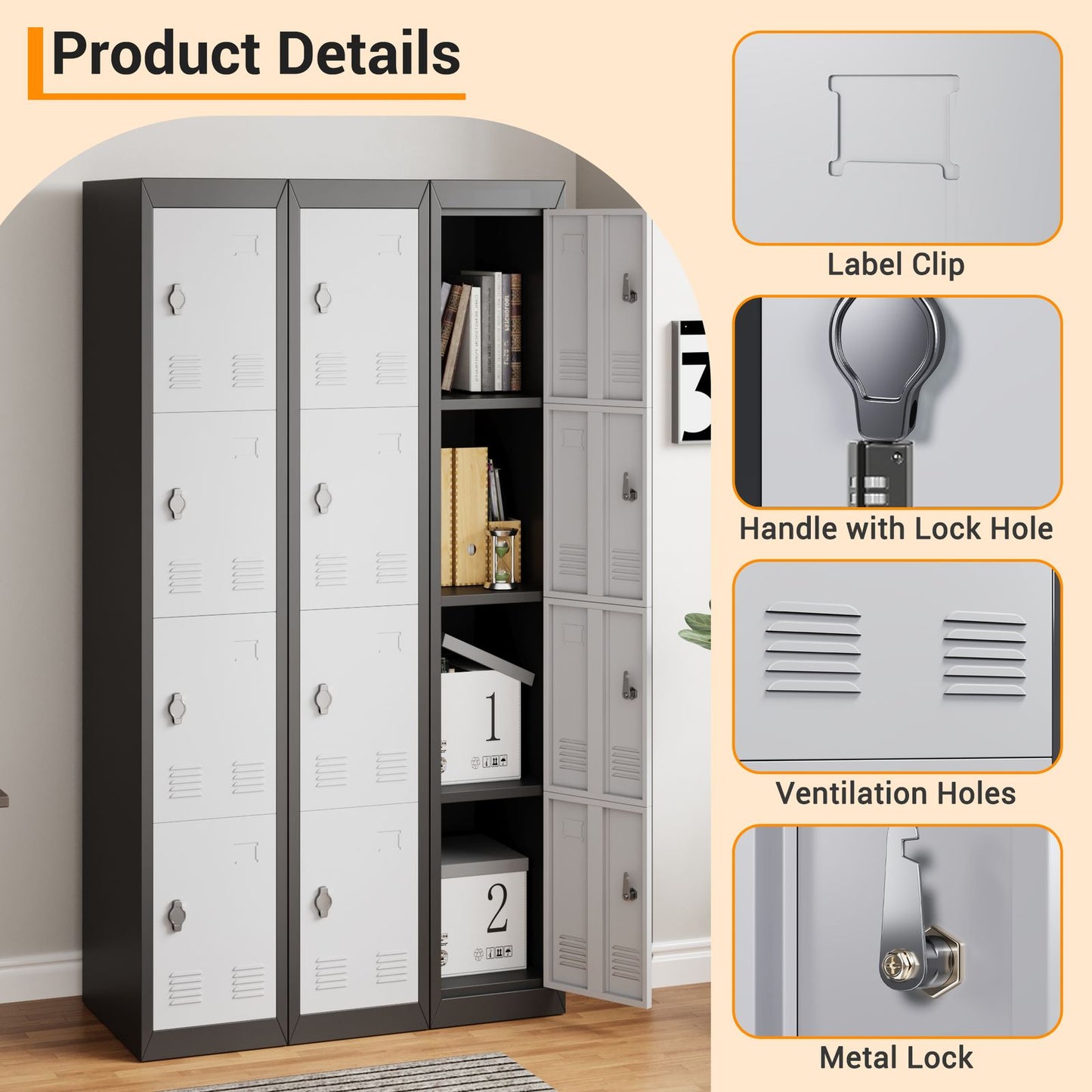 182.88cm Tall Heavy-Duty Lockable 4-Door Metal Storage Cabinet Suitable for School, Garage, Office, Gym, Home & Warehouse - Locker Room Cabinet with Shelves, -Standing (No Wood)