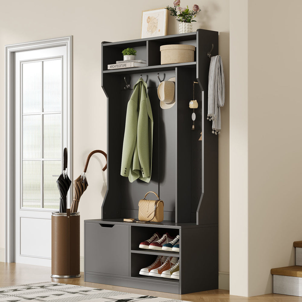 Kapstok – Garderoberek – Wandkapstok – Garderobe – Staande Kapstok – Compleet Garderobekast Met Bankje – 6 Haken – 100x185,5x40 cm – Zwart – Hoogwaardig Spaanplaat