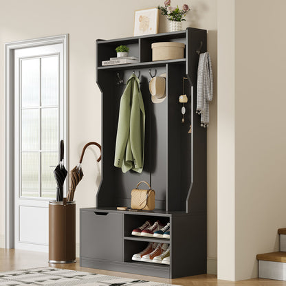 Kapstok – Halmeubel – Garderoberek – Wandkapstok – Staande Kapstok – Met Zitbank en 6 Haken – Zwart 100x185,5x40 cm – Compact en Ruim Opbergmeubel