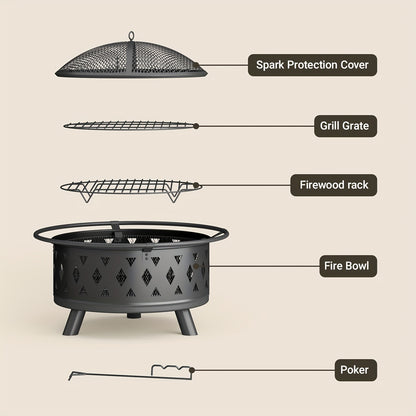 Vuurkorf – Tuinhaard – Buitenhaard – Terrashaard – Barbecuekorf – Zwart – Diameter 76 cm – Inclusief Grill en Sprankelvanger