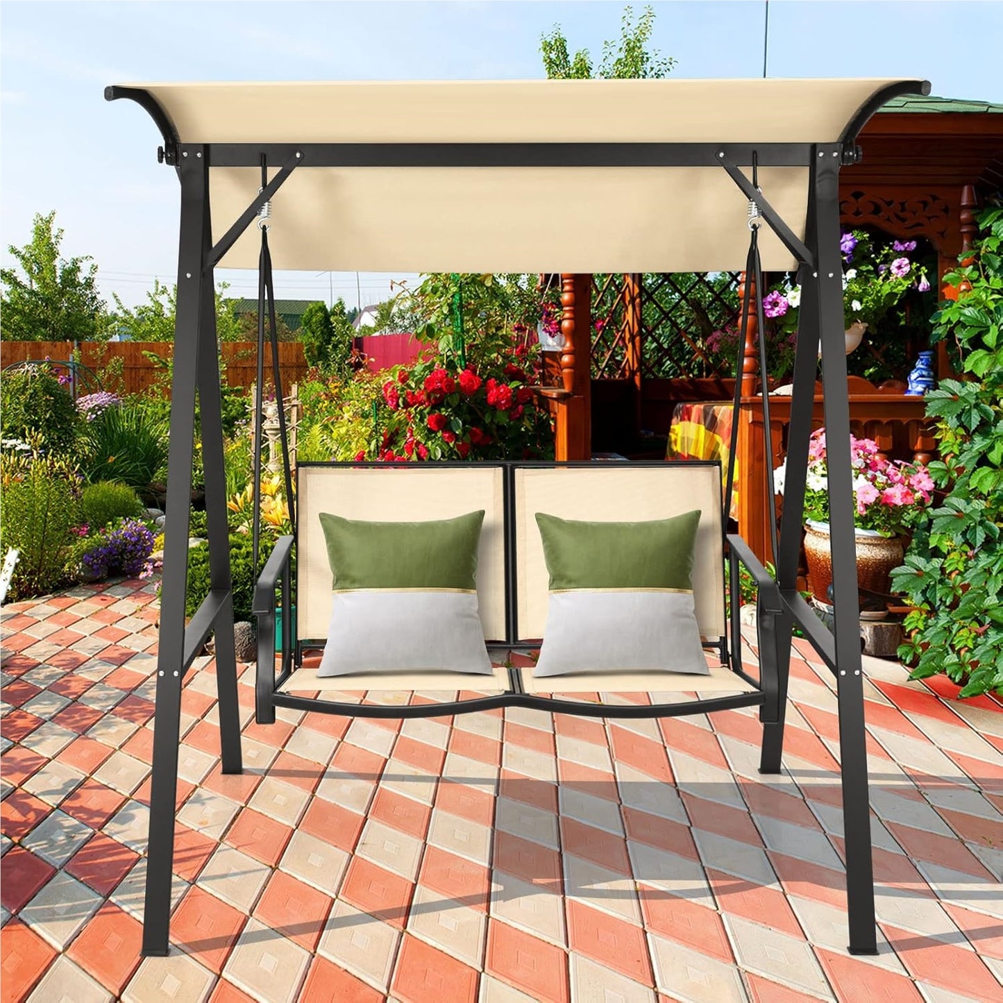 Tuinschommel – Schommelstoel – Tuinbank – Patio Schommel – Buitenschommel – Verstelbaar Dak – Stabiel Metalen Frame – 2-Persoons Zitplaats 101x49 cm