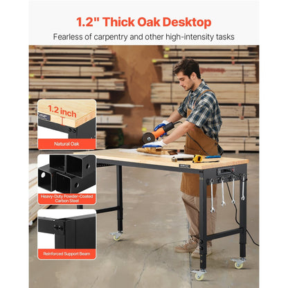 Werkbank – Werktafel – Werkbank Op Wielen – In Hoogte Verstelbaar – Klusbank – Massief Eiken Hout Werkblad – Ingebouwd Stopcontact Met USB-poorten