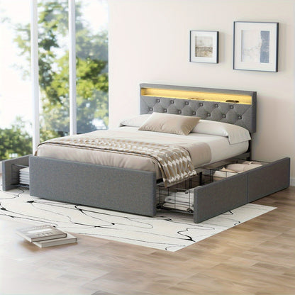 Tweepersoonsbed – Bed Met Opbergruimte – Gestoffeerd Bed – Bedframe – Opbergbed – Multifunctioneel Gestoffeerd Bed – 137×190 cm – LED Sfeerlicht & Ingebouwde Speakers