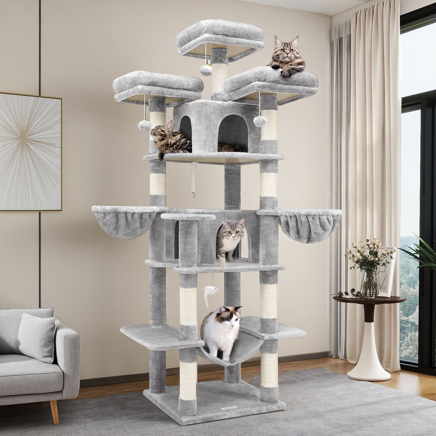 XXL Kattentoren – Kattenboom – Krabpaal – Klimtoren – Kattenhuis – Donkergrijs 203 cm Hoog – Ruim Speelparadijs Voor Meerdere Katten – Inclusief Krabpalen En Hangmanden