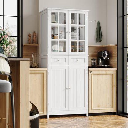 Keukenkast – Voorraadkast – Opbergkast – Buffetkast – Keukenmeubel – 181 cm Hoog – MDF Hout Wit Met Glazen Deurtjes