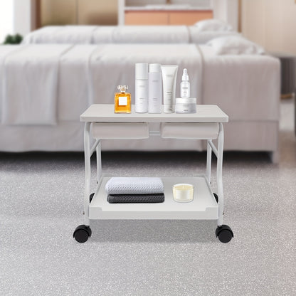 Voettrolley – Spa Trolley – Pedicure Kar – Massage Trolley – Schoonheidstrolley – Inklapbaar – Hoogwaardig Hout en IJzer – 4 Zwenkwieltjes Met Remmen – Draagkracht 18 kg – Wit