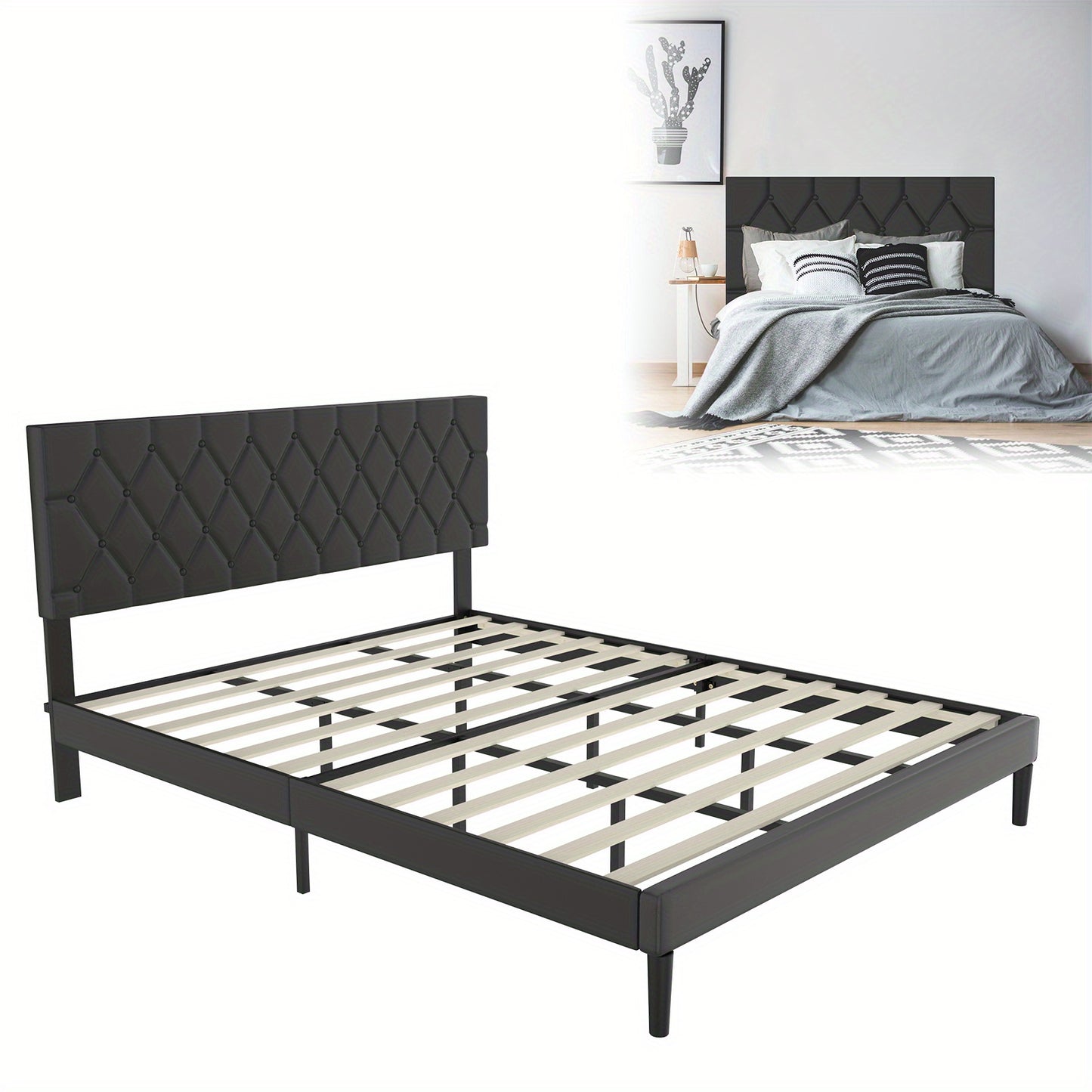 Gestoffeerd Bed – Tweepersoonsbed – Bedframe – Ledikant – Slaapbed – Zwart Kunstleer – 160x200 Cm – Houten Lattenbodem – Stevige Metalen Ondersteuning