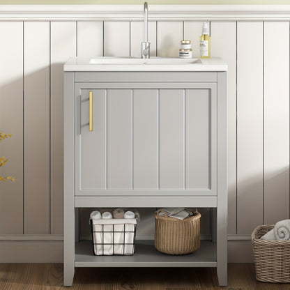 Badkamermeubel – Wastafelmeubel – Wastafelonderkast – Wastafelunit – Wasbakmeubel – 60 cm Compact Formaat – Keramische Wasbak Grijs