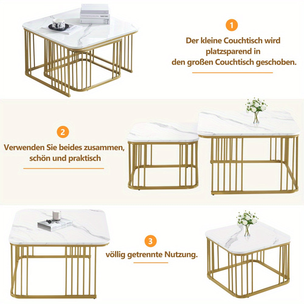 Salontafel – Koffietafel – Bijzettafel – Tafeltje – Woonkamertafel – Hoogglans Marmerlook – Verstelbare Poten – Set van 2 (60x60x45 & 45x45x40 cm)