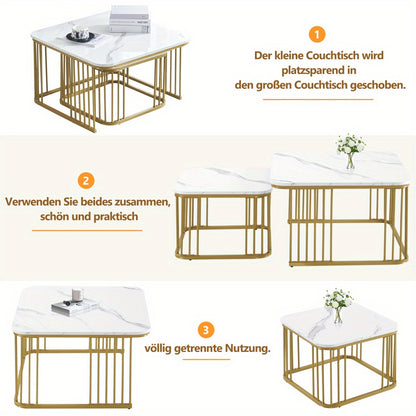 Salontafel – Koffietafel – Bijzettafel – Tafeltje – Woonkamertafel – Hoogglans Marmerlook – Verstelbare Poten – Set van 2 (60x60x45 & 45x45x40 cm)