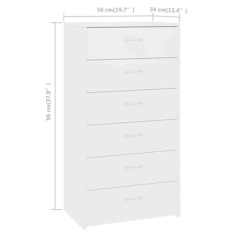 White Sideboard with 6 Drawers 50X34X96 Cm • 18Mm Plywood • Wear Resistance • Anti-Tip Lock