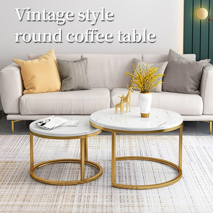 Salontafelset Rond – Salontafel Bijzettafel Koffietafel Tafeltje – Wit Met Houten Blad – Set Van 2 – Nesting Ontwerp – 70 & 50 cm – Retro Stijl – Multifunctioneel