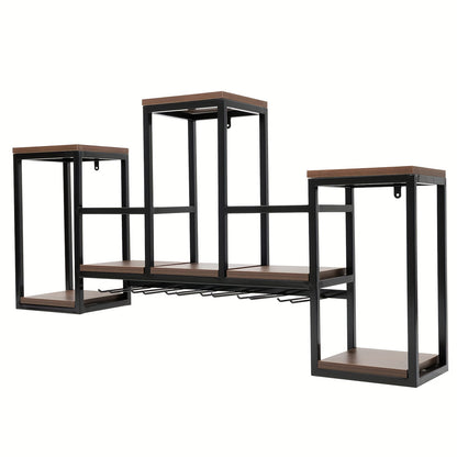 Wijnrek Wandhouder – Wijnfleshouder – Flessenhouder – Wijnhouder – Wandrek – Metalen Wandrek – Stevig IJzer Met Houten Accenten – Draagvermogen 30 kg – Donkerbruin Variant