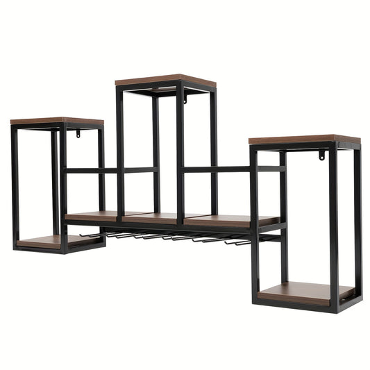Wijnrek Wandhouder – Wijnfleshouder – Flessenhouder – Wijnhouder – Wandrek – Metalen Wandrek – Stevig IJzer Met Houten Accenten – Draagvermogen 30 kg – Donkerbruin Variant