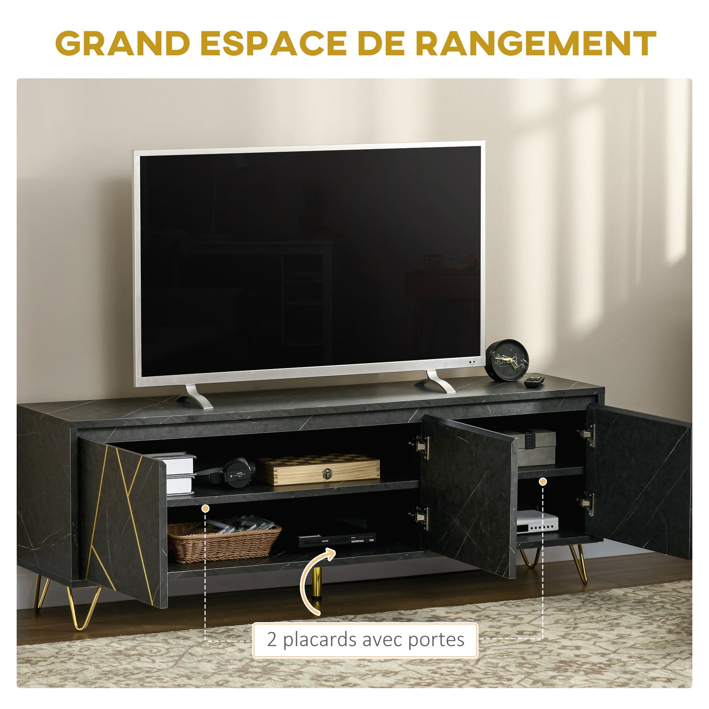 TV Meubel – TV Kast – TV Dressoir – TV Bank – Tv Meubel Metaal – 147 cm – Marmer Effect – Softclose Deuren – Kabelmanagement