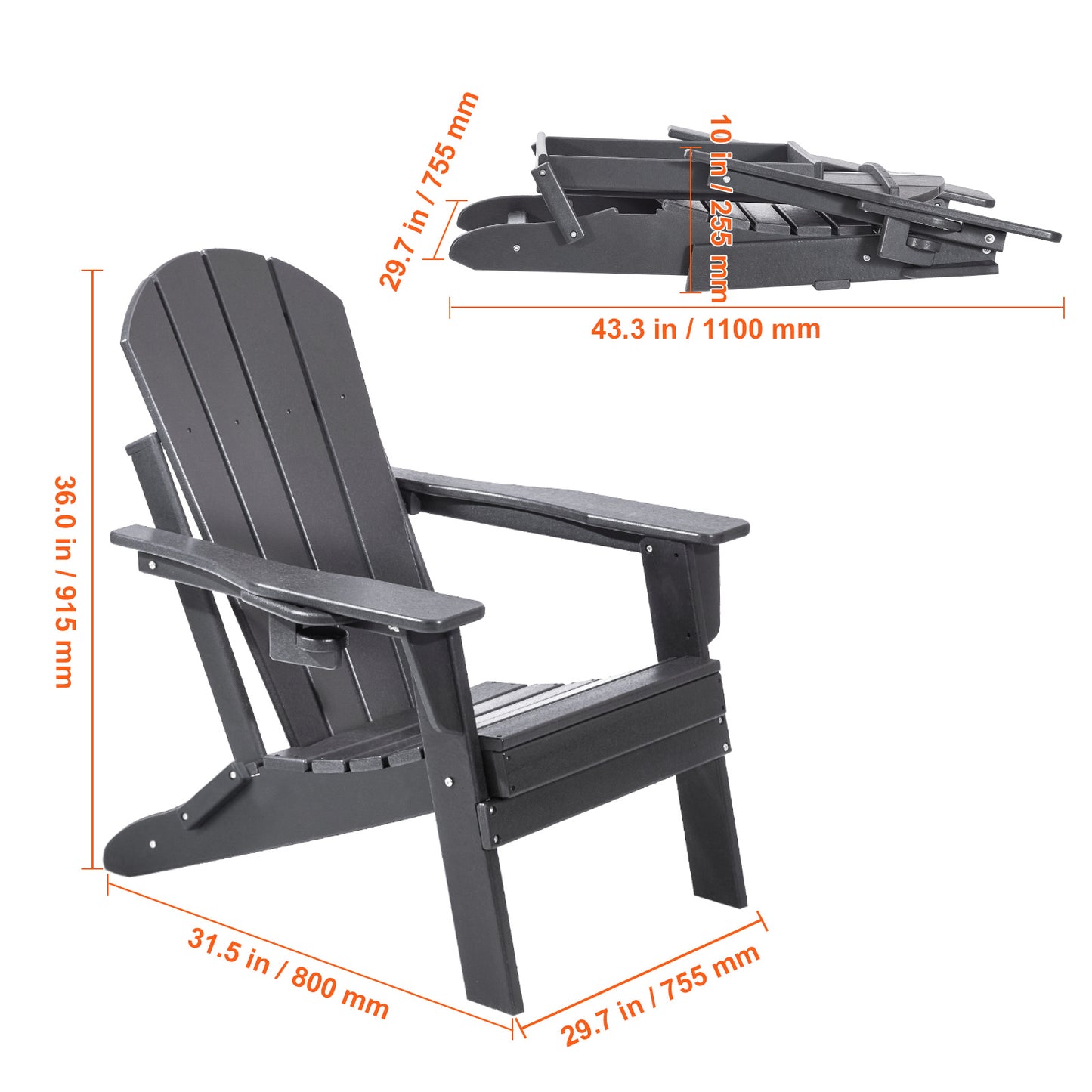 Tuinstoel – Tuinstoelen – Outdoor Stoel – Klapstoel – Adirondack Stoel – Inklapbaar – Weerbestendig HDPE kunststof – Brede Comfortabele Zit - Grijs