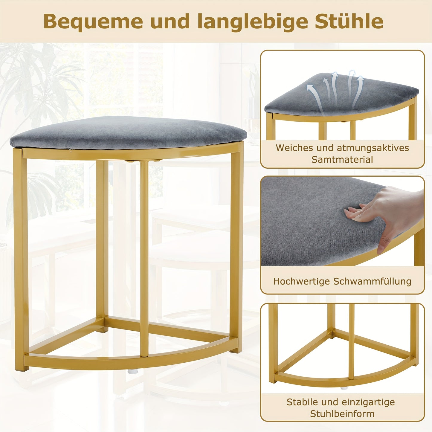 Dining Room Furniture Set, Dining Table and Chairs (Four), MDF Table Top and Gilded Iron Frame Dining Table and Chairs, Velvet Chairs, Modern Luxury Table and Chairs to Ensure Unparalleled Dining Experience