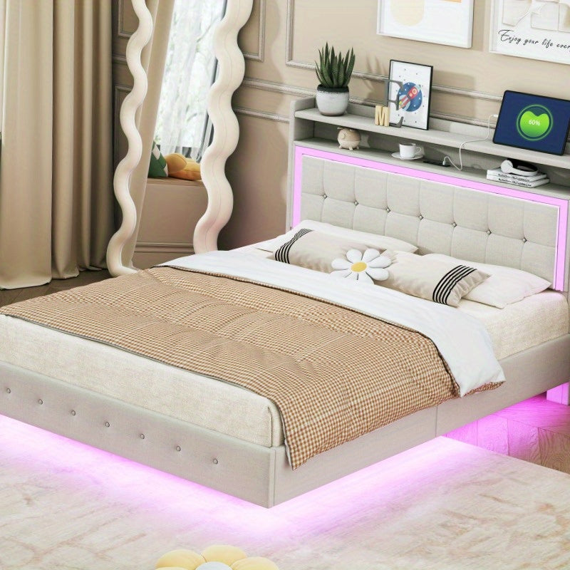 Bed – Eenpersoonsbed – Tweepersoonsbed – Boxspring – Opbergbed – 140x200 cm – Linnen Bekleding – Verborgen Onderstel