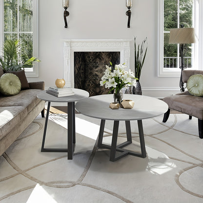 Bijzettafels – Salontafels – Side Tables – Tafeltjes – Nachtkastjes – Set Van 2 Ronde Tafels Zwart – Marmerlook Gesinterd Steen – Zwart Metaalframe