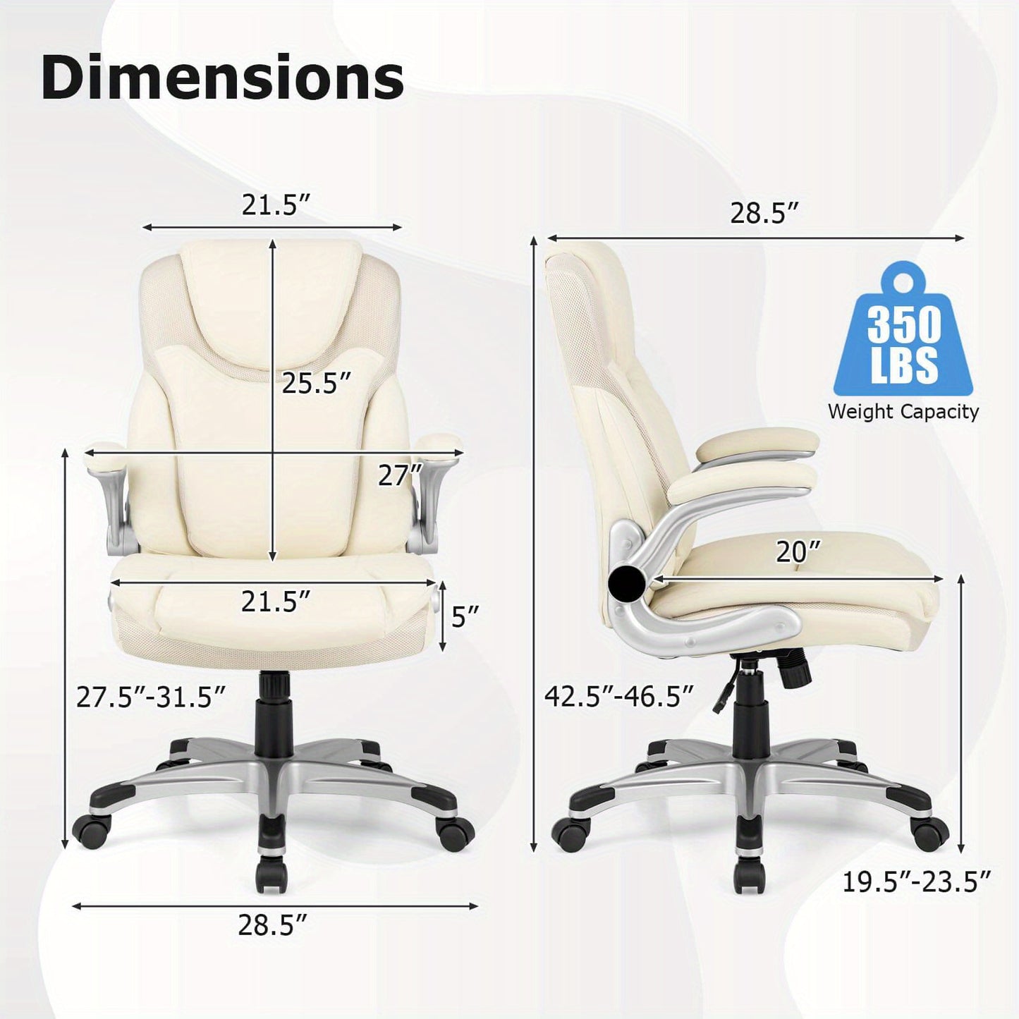 Ergonomische Bureaustoel – Kantoorstoel – Werkstoel – Comfortstoel – Bureaumeubelen – Beige – Kantelbare Rugleuning – Verstelbare Zithoogte 49-59 cm