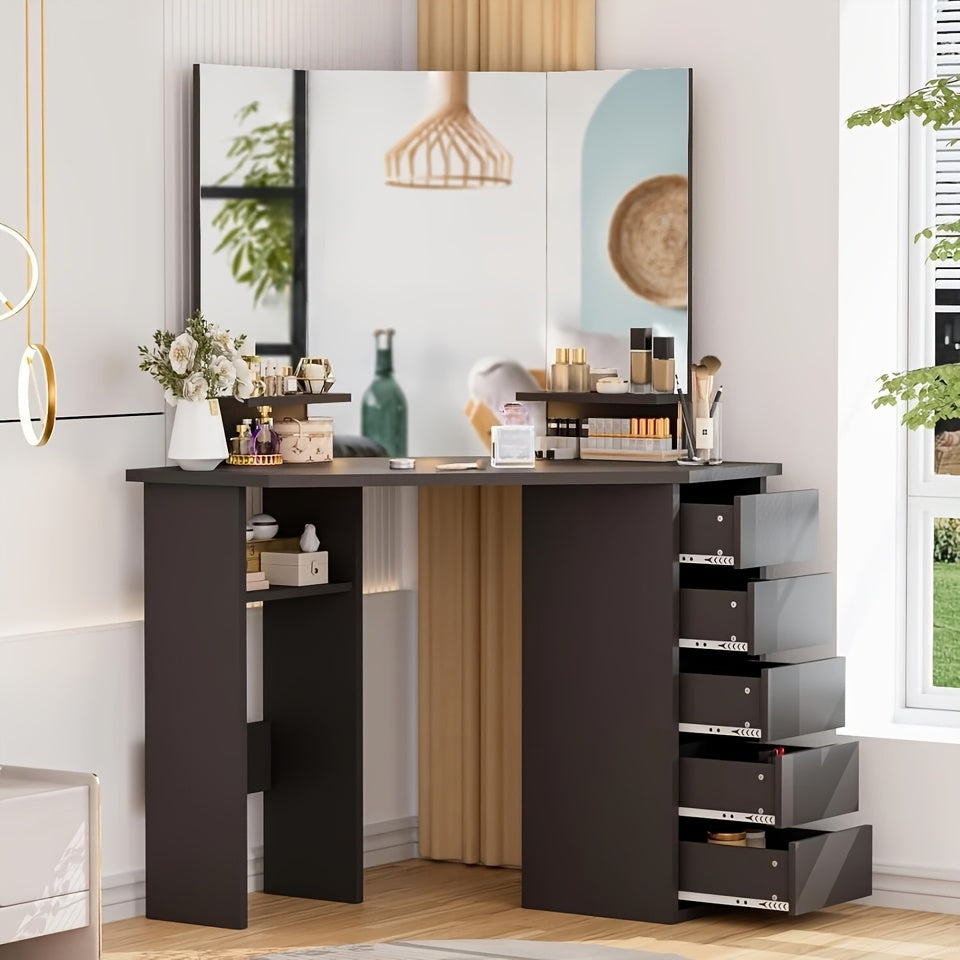 Hoekmake-uptafel – Make-uptafel – Kaptafel – Makeup Vanity – Sieradentafel – Zwart – 3 Spiegels Voor 360°-View – 5 Laden Met Ruime Opbergruimte
