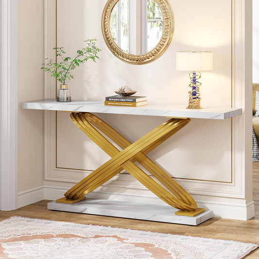 Sidetable – Consoletafel – Wandtafel – Haltafel – Bijzettafel – Wit Faux Marmeren Blad – Gouden Metalen Frame – Smal Design 140x33x80 cm