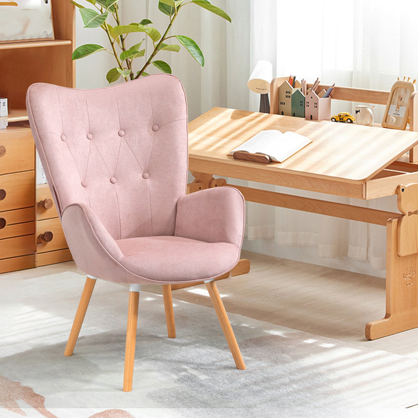 Slaapkamerfauteuil – Lounge Stoel – Zetel – Relaxfauteuil – Living Kamerstoel – Roze Stoffen Bekleding – Scandinavisch Design Met Eiken Houten Poten