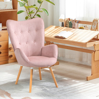 Slaapkamerfauteuil – Lounge Stoel – Zetel – Relaxfauteuil – Living Kamerstoel – Roze Stoffen Bekleding – Scandinavisch Design Met Eiken Houten Poten