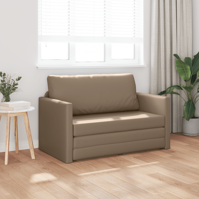 Bankbed – Slaapbank – Bedbank – Slaapbank met Chaise Longue – Loveseat – Ruimtebesparend Design – Massief Houten Frame en Metalen Ondersteuning – 124x71x78 cm – Cappuccino Synthetisch Leer