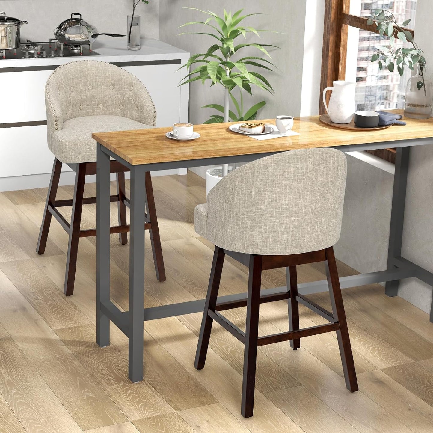 Barkrukken – Barstoelen – Keukenstoelen – Barkruk Set – 2 Stuks – 360° Draaibaar – Ergonomische Rugleuning – Verstelbare Voetensteun – Beige Rubberwood Frame