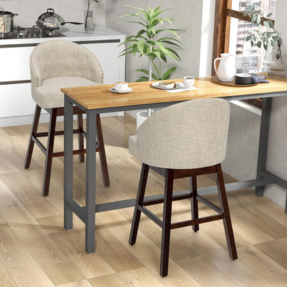 Barkrukken – Barstoelen – Keukenstoelen – Barkruk Set – 2 Stuks – 360° Draaibaar – Ergonomische Rugleuning – Verstelbare Voetensteun – Beige Rubberwood Frame