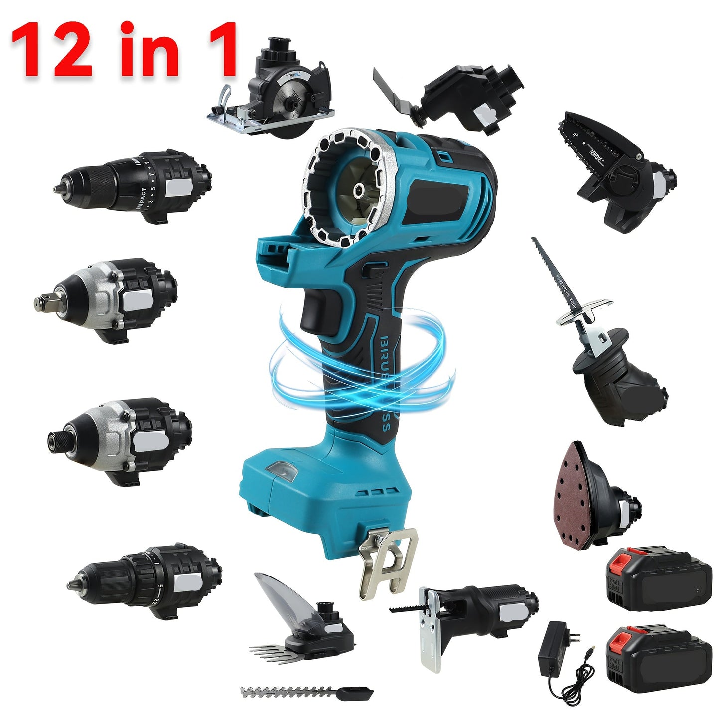 Combitool – Multigereedschap – Multitool – Accutool – Roterende Tool – 18V Draadloos – 12-in-1 Met LED Werkverlichting – Borstelloze Motor – Blauw - QUORE