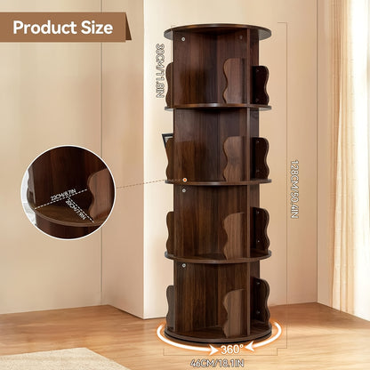 360° Draaibare Boekenplank – Draaibare Boekenkast – Rotatie Boekenrek – Verticale Boekenplank – Houten Boekenrek – 5 Lagen – Compact Ruimtebesparend Design – Massief Hout Retro Bruin