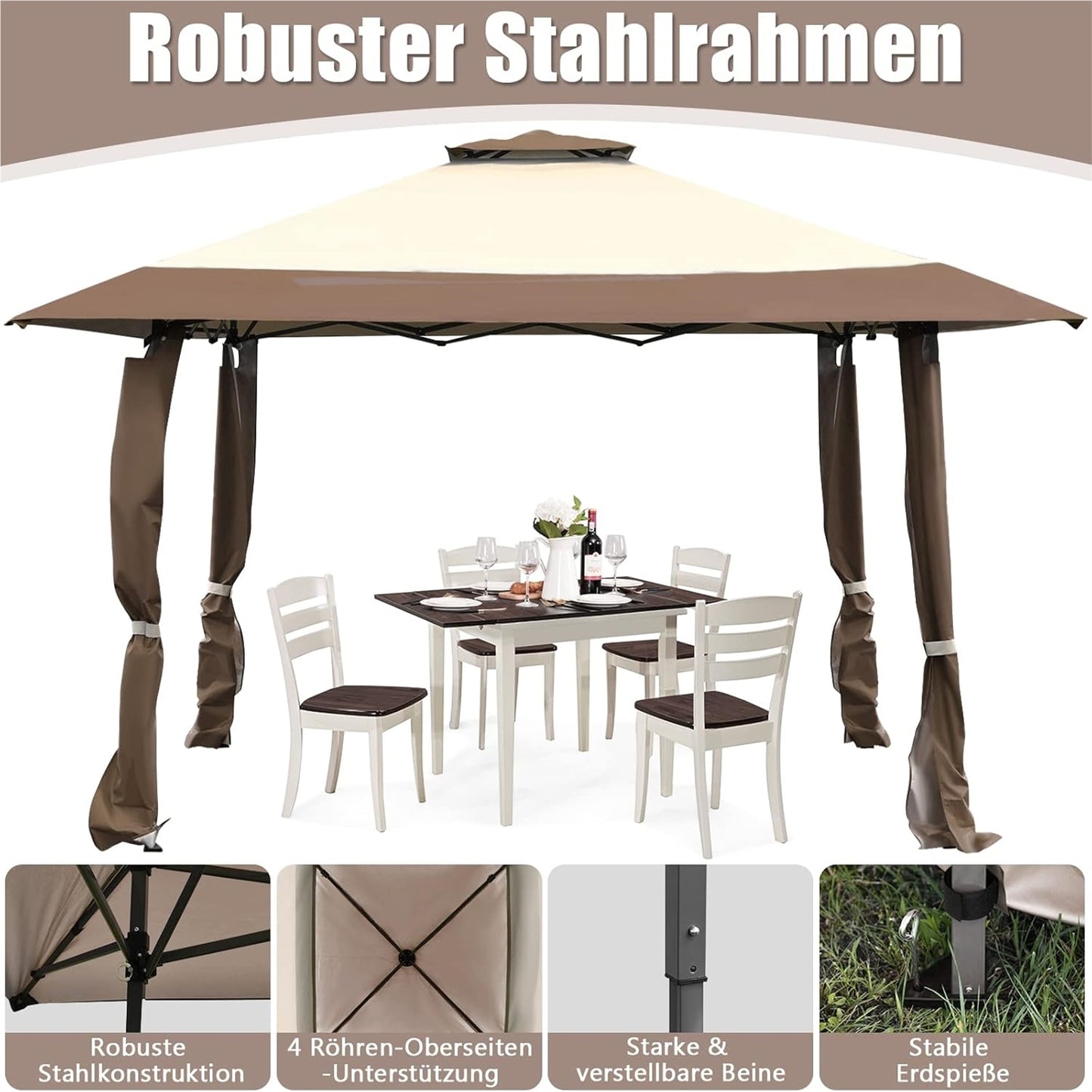 Paviljoen – Tuinpaviljoen – Tuintent – Gardentent – Pavilion 4x4m – Waterdicht – Dubbel Dak – UV Bescherming 50+ – Stevig Stalen Frame – Opvouwbaar Met Trolleytas – Winterbestendig – Bruin-Beige