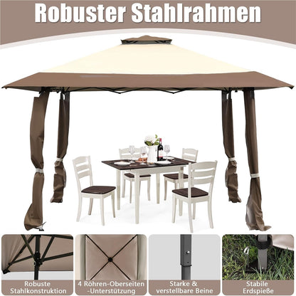 Paviljoen – Tuinpaviljoen – Tuintent – Gardentent – Pavilion 4x4m – Waterdicht – Dubbel Dak – UV Bescherming 50+ – Stevig Stalen Frame – Opvouwbaar Met Trolleytas – Winterbestendig – Bruin-Beige