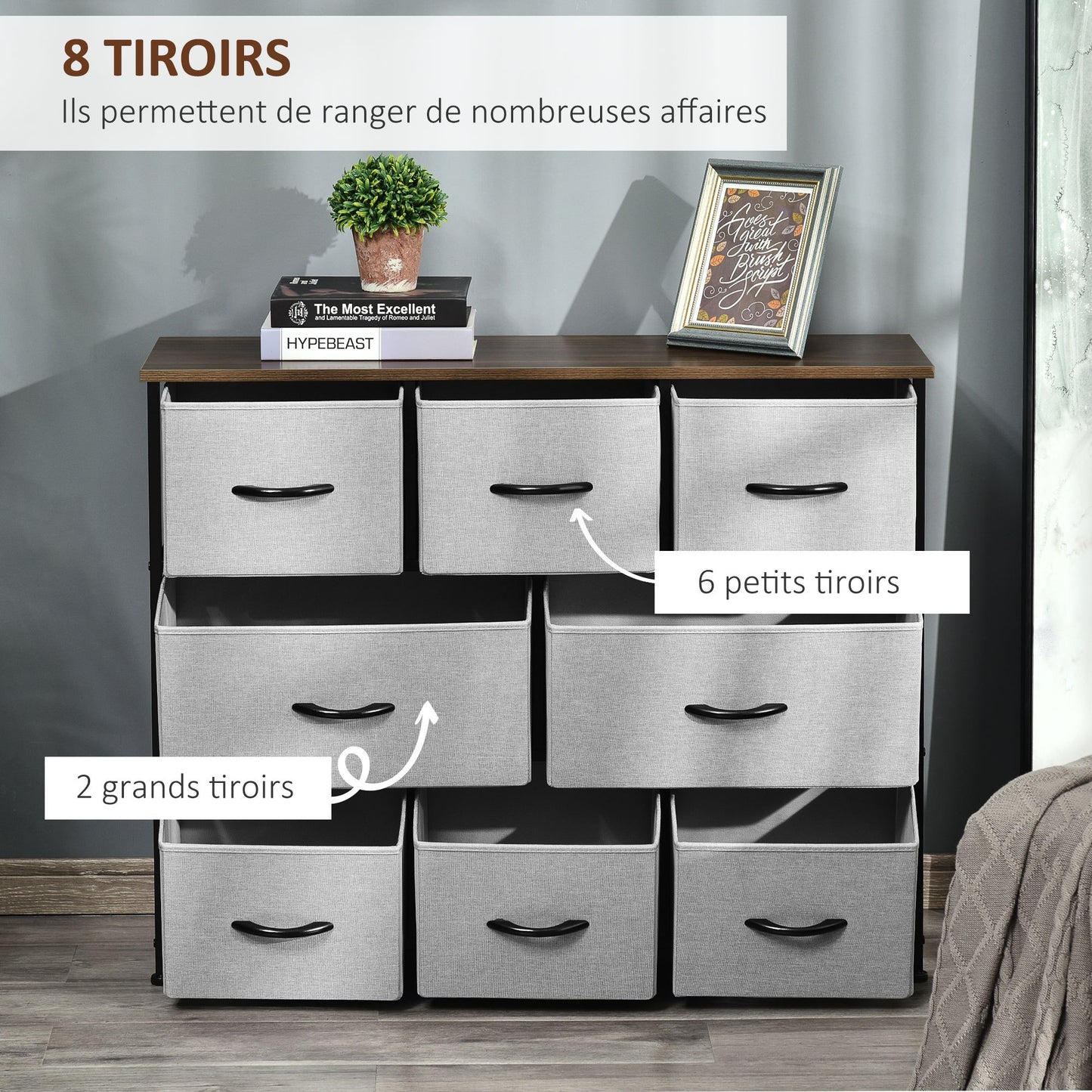 Opbergkast – Dressoir – Kast – Ladeblok – Stoffen Lades – Grijs – Compact Hoog Design – Metalen Frame & MDF Bovenblad