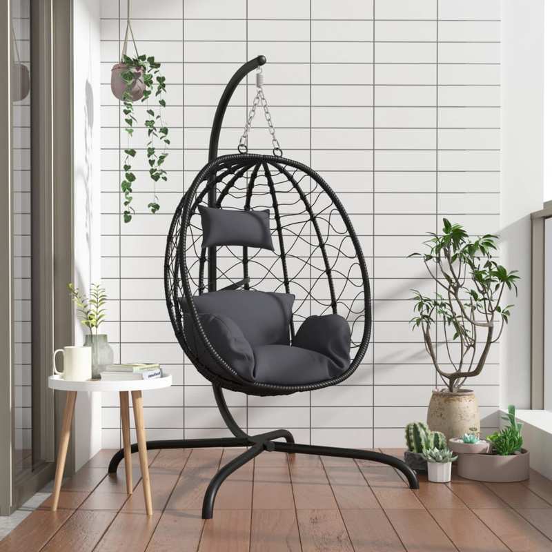 Hangstoel – Schommelstoel – Tuinstoel – Balkonstoel – Garden Swing – Modern Eivormig Design Anthraciet – Stevig Zwart Metalen Frame – Comfortabel Weerbestendig Kussen
