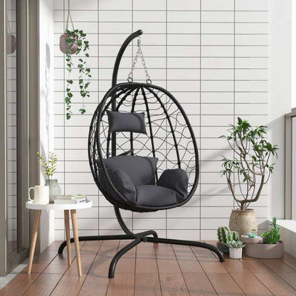 Hangstoel – Schommelstoel – Tuinstoel – Balkonstoel – Garden Swing – Modern Eivormig Design Anthraciet – Stevig Zwart Metalen Frame – Comfortabel Weerbestendig Kussen